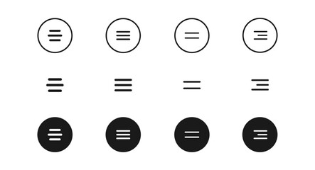 Hamburger menu buttons vector icon set. Web or mobile app navigation interface simple line signs. Website or application creative UI design elements isolated. Circle outline burger menu.