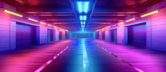 It resembles a neonlit tunnel with purple, violet, magenta, and electric blue lights on the ceiling. The symmetry creates an entertaining and electric atmosphere in the gasfilled darkness