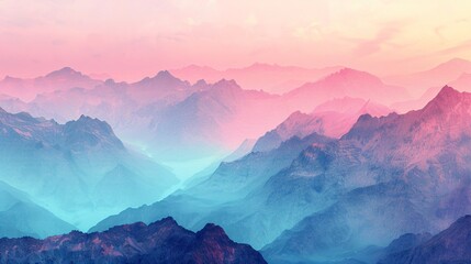 Mountain range at dawn depicted in soothing pastels with vibrant touches 3D embossed dots accentuating the light play - obrazy, fototapety, plakaty