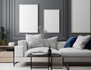 Modern living room with frame and poster mockups on the wall. 3D rendering in ISO A paper size, against a house background