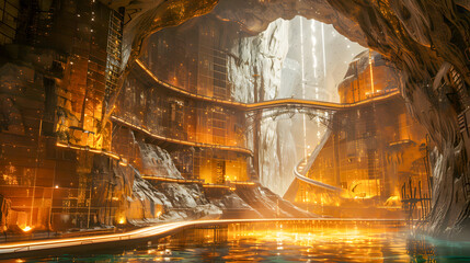 Enthralling view of a majestic underground city and cascading waterfalls reflecting humanity's resilience and adaptability - obrazy, fototapety, plakaty