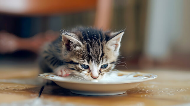 An adorable small kitten focused on eating milk from a saucer on the floor depicting innocence and growth