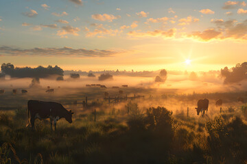 The image captures a serene morning on a farm with cows grazing amidst fog at sunrise