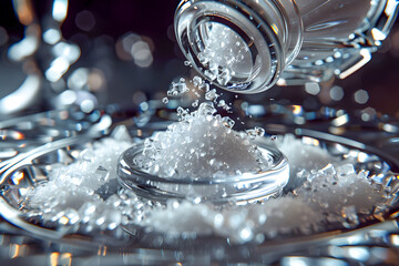 The image captures the moment of sparkling water being poured on a metallic surface with crystal-clear detail of the splash