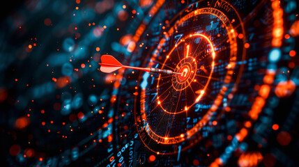 Digital dart hitting the bullseye on a futuristic, data-inspired dartboard, representing precision, targeting, and data-driven decision-making in a technological context. - obrazy, fototapety, plakaty