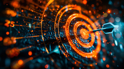 Digital arrow hitting the bullseye on a futuristic, glowing dartboard with circuit-like designs, representing precision, technology, and data analytics. - obrazy, fototapety, plakaty