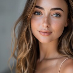 Obraz premium Portrait of a woman with a flawless complexion attributing her radiance to a specific cream for an upscale magazine feature