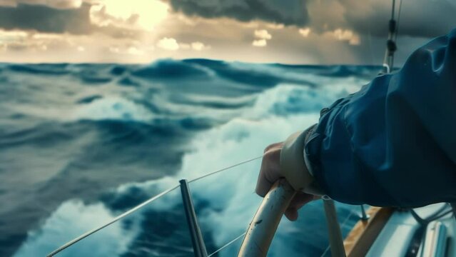 A closeup of a weathered sailors hand gripping the helm of a yacht as it s through rough seas. The sky above is filled with dark storm clouds but the sailor exudes a sense