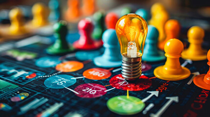 Illuminated light bulb on a game board surrounded by colorful pawns, symbolizing strategy, ideas, and innovation in game playing. - obrazy, fototapety, plakaty