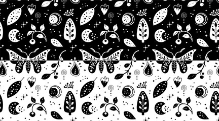 Seamless neo folk patterns set with butterfly, moth and flowers, black and white floral design. Set Neo folk style endless backgrounds perfect for textile design.