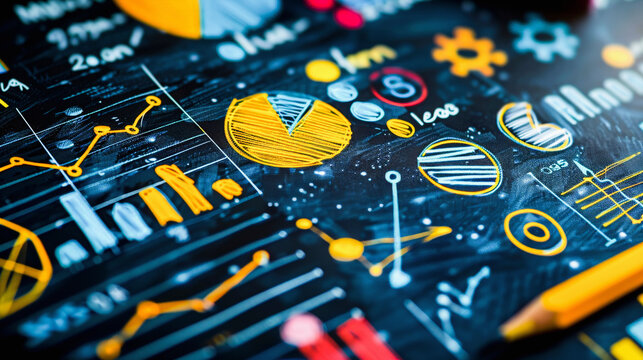 Colorful infographic elements including charts, graphs, and icons on a dark background, representing data analysis or business statistics.