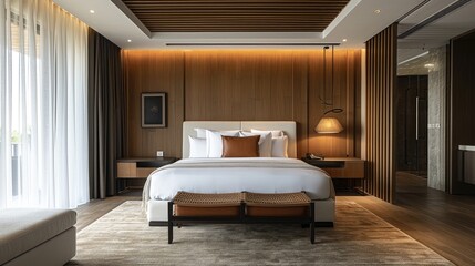 Fototapeta premium An architectural photograph of an elegant minimalist luxury design hotel room in a hotel.