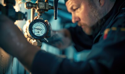 Plumber is checking water pressure with pressure gauge of leaky pipe in the boiler room during the afternoon. - obrazy, fototapety, plakaty