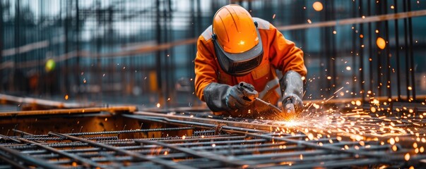 Construction worker is welding iron structure on construction site, wearing orange and yellow reflect working suit with safety helmet. - obrazy, fototapety, plakaty