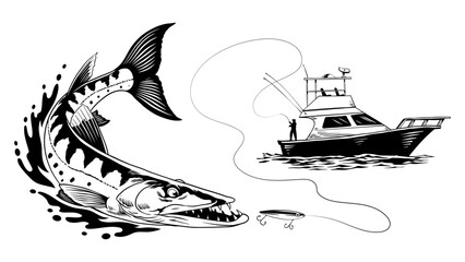 Fishing Boat Catching Barracuda Fish in Black and White