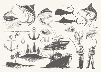 Hand Drawn Ocean Fishing Set Illustration in Vintage Style Collection
