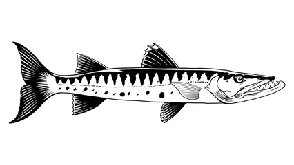 Illustration of Barracuda Fish Isolated Black and White