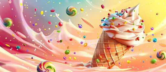 A visually appealing ice cream cone filled with delicious ice cream and colorful candy, creating an enticing palette and pattern for the taste buds