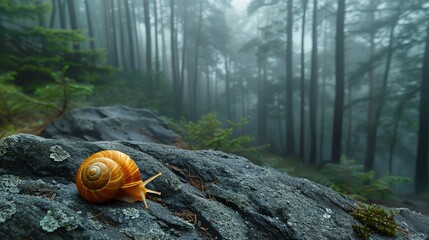 Tiny snail against a vast moist forest background a minimalist portrayal of scale and survival - obrazy, fototapety, plakaty