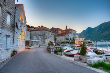Sunrise view of Perast town in Montenegro situated at Boka Kotorska bay - obrazy, fototapety, plakaty