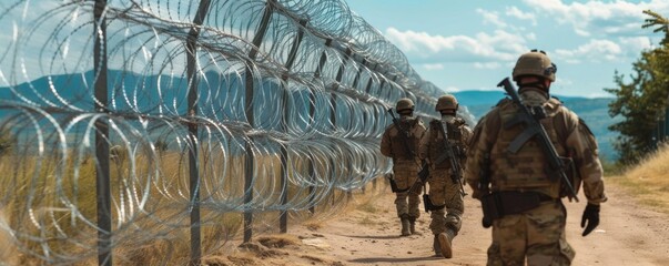 Border guards with weapons standing near barbed or razor wire fence - obrazy, fototapety, plakaty