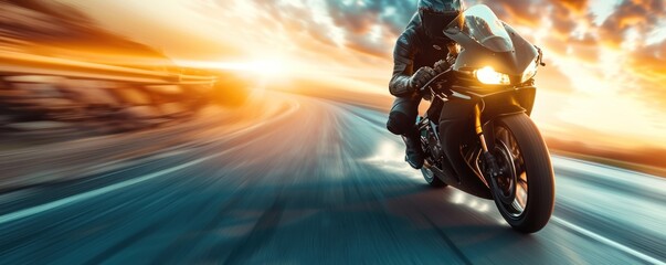 Motorbike rider in sunset light riding with high speed against motion blured background