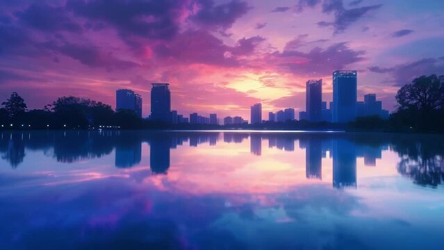 The sky and water blend seamlessly in this dreamy image of a city skyline surrounded by reflections creating a romantic and peaceful scene.