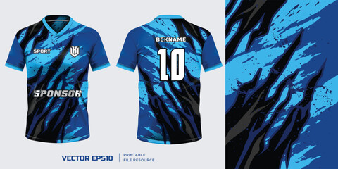 Jersey mockup template t shirt design. Abstract blue pattern design for jersey soccer football kit. Front and back view. Vector eps file
