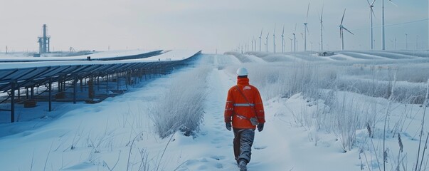 Worker in winter, shot from rear side go control solar panels function