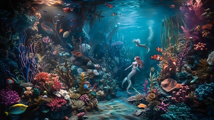 Fototapeta na wymiar Mermaids' Dance in the Coral Realm./n