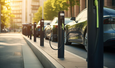 Parking places along the street with chargers for electric car. - obrazy, fototapety, plakaty