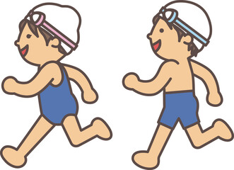 スクール水着を着て嬉しそうに走る男の子と女の子