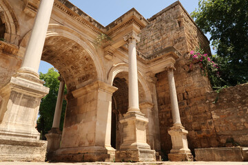 The majestic Hadrians Gate, famous ancient roman landmark in Antalya, Turkey
