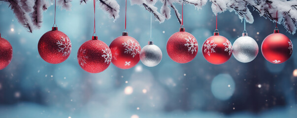Beautiful red christmas decoration balls in amazing snow