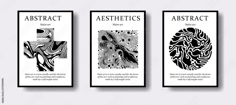 Poster set of modern abstract posters with geometrical textured shapes. contemporary zentangle style.