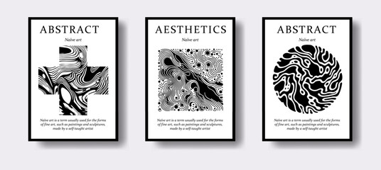 Set of modern abstract posters with geometrical textured shapes. Contemporary zentangle style.  - 779399995