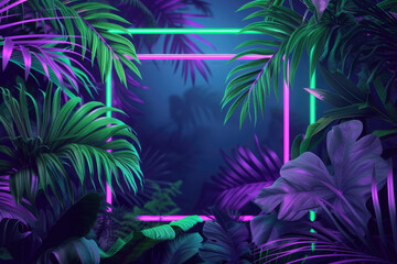 Fototapeta na wymiar Surreal Botanical Fantasy Luminous Tropical Foliage in Geometric Neon Square