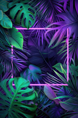 Fototapeta na wymiar Dreamlike Neon Lit Tropical Illustration Vivid Green Purple Exotic Plant Life