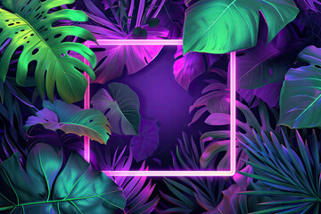 Otherworldly Neon Botanical Luminous Tropical Plants in Geometric Retro Futuristic Frame