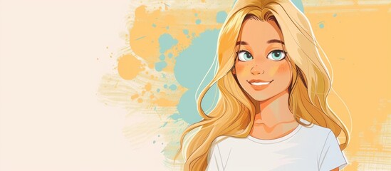 a cartoon drawing of a girl with long blonde hair wearing a white shirt . High quality - obrazy, fototapety, plakaty