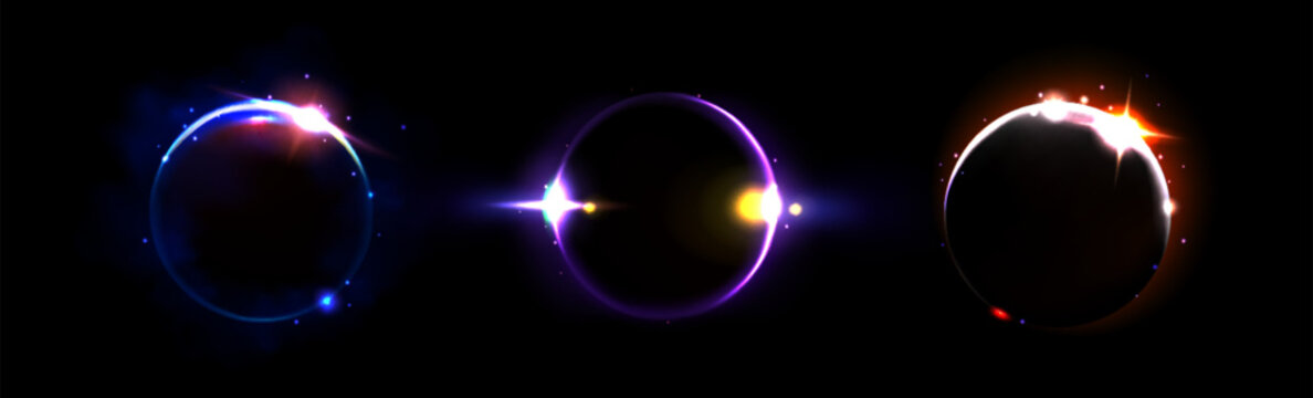 Solar eclipse and moon light neon ring vector. Fire glow in halo. Galaxy effect on fantasy sphere in purple and orange. Realistic frame overlay. Total black background and magic edge sparks energy