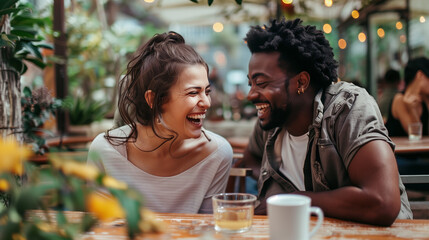 Joyful couple sharing a laugh over drinks at a tropical cafe