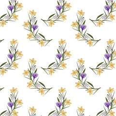 crocus and snowdrop flower seamless pattern, watercolor art, isolated on white. Hand drawn botanical illustration. Elements for cards, logos, prints, wedding design.