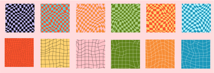 Psychedelic checkerboard background set. Wavy vector illustrations, trendy psychedelic style and groovy color checkerboard.