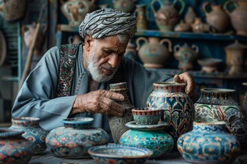 Artisan Inspecting Handcrafted Pottery