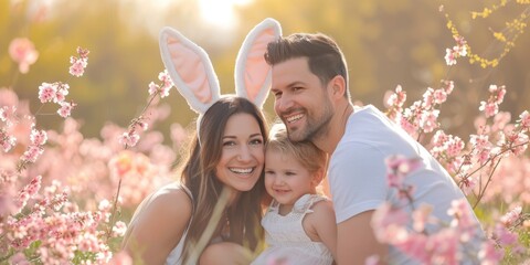 A happy family wearing bunny ears is sitting in a field of flowers, smiling and sharing gestures of joy in the natural landscape. Fun adaptation to nature, people enjoying the grassy surroundings - obrazy, fototapety, plakaty