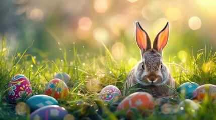 A happy rabbit is sitting in the grass among Easter eggs in a natural landscape, surrounded by terrestrial plants and enjoying the grassland AIG42E