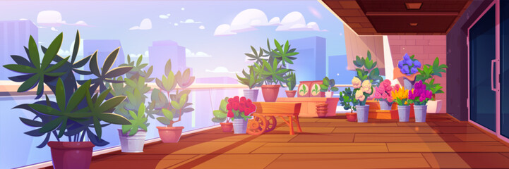 Home garden on high terrace or rooftop of skyscraper with cityscape on background. Cartoon vector patio or veranda with wooden floor, green trees and plants in pots, flowers in vases on rack and table - obrazy, fototapety, plakaty
