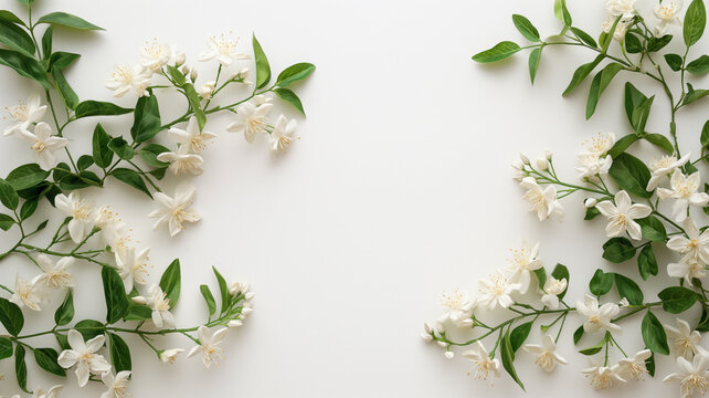 Infographic image of a jasmine garland with small flowers placed on the side and all on the white background