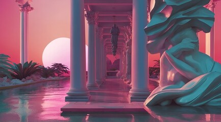 Surreal pink sunset with classical architecture